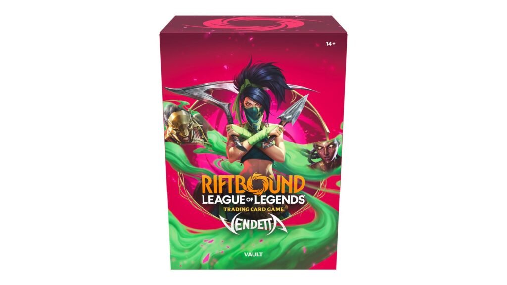 Official Riftbound Vendetta Vault box art featuring Akali, from Riot Games League of Legends trading card game