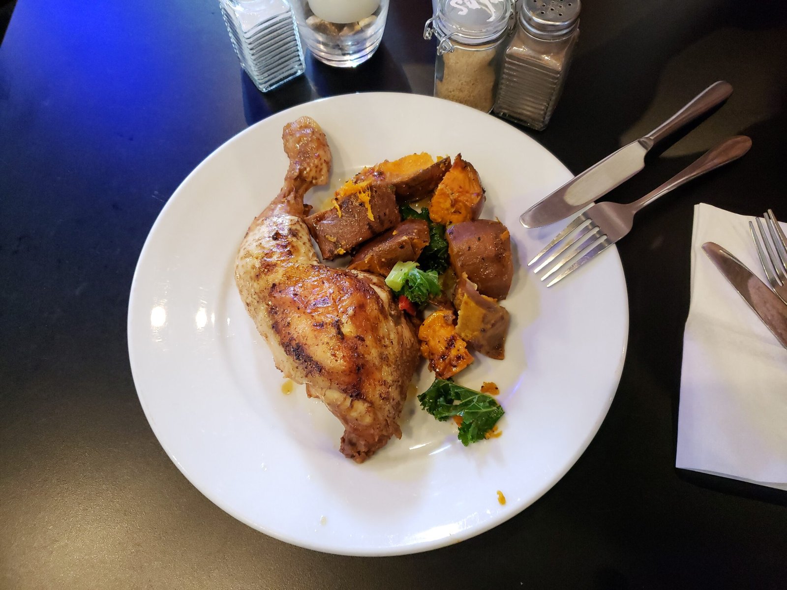 Roasted chicken leg with roasted sweet potato