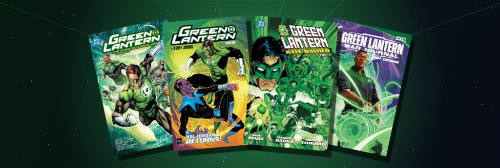 Green Lantern comic collections fanned out: The Sinestro Corps War Compendium, Green Lantern by Geoff Johns Book One, Kyle Rayner Vol. 1 and War Journal Vol. 1