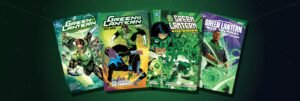 Green Lantern comic collections fanned out: The Sinestro Corps War Compendium, Green Lantern by Geoff Johns Book One, Kyle Rayner Vol. 1 and War Journal Vol. 1