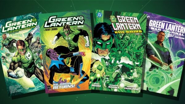 Green Lantern comic collections fanned out: The Sinestro Corps War Compendium, Green Lantern by Geoff Johns Book One, Kyle Rayner Vol. 1 and War Journal Vol. 1