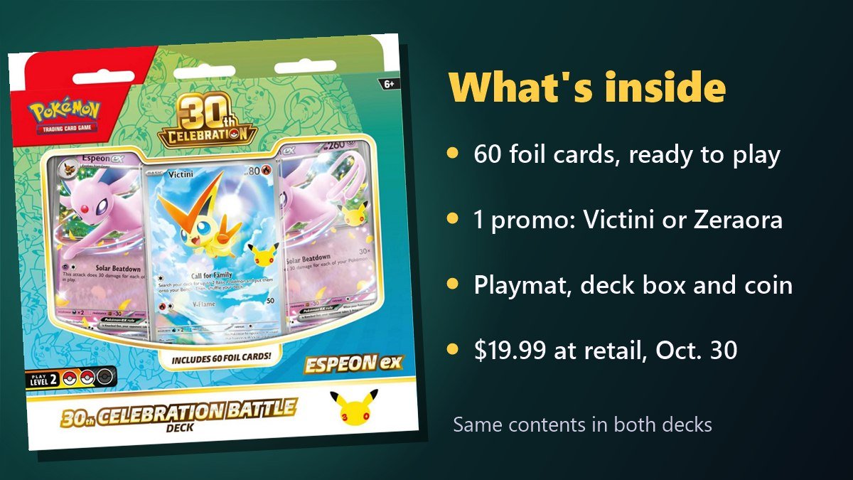 Espeon ex 30th Celebration Battle Deck box with a list of contents: 60 foil cards, a promo, playmat, deck box and coin
