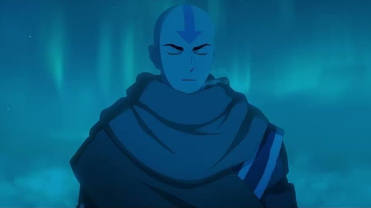 Adult Aang meditating under an aurora-lit sky in Avatar Aang: The Last Airbender