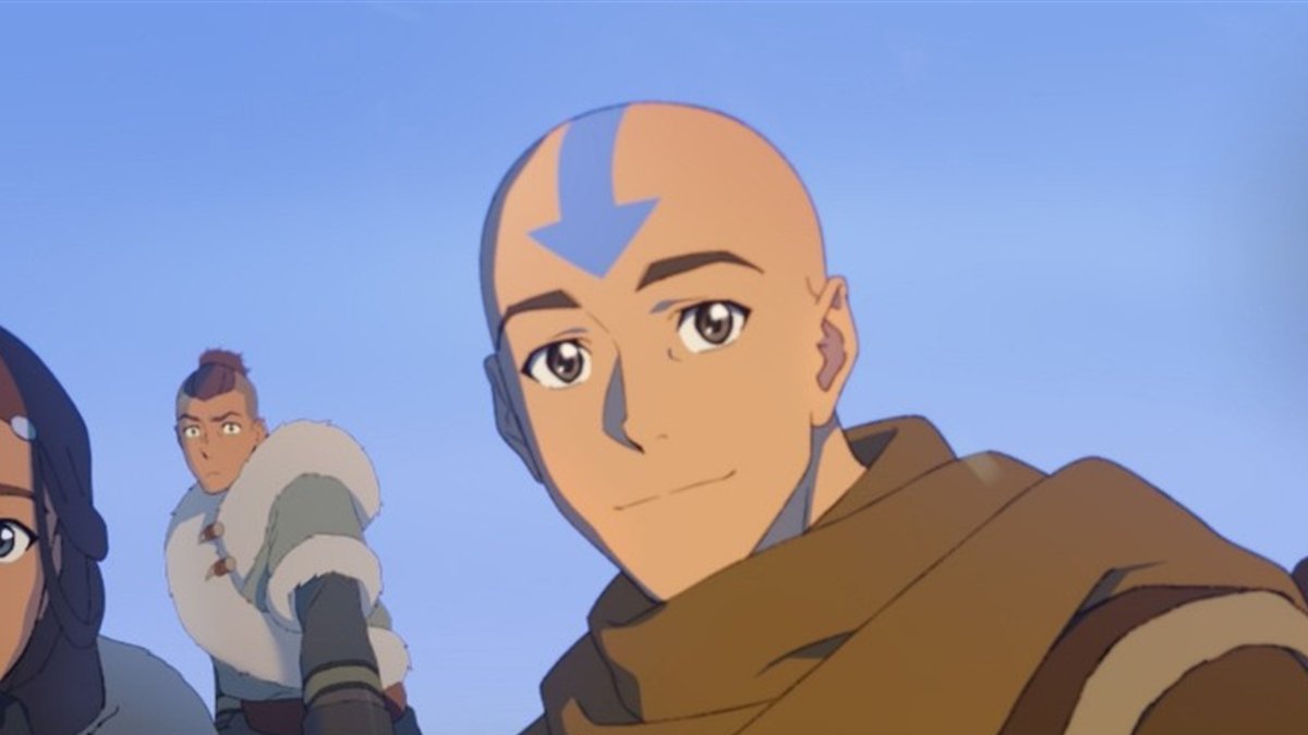 Adult Sokka and Aang in a scene from the animated movie Avatar Aang: The Last Airbender