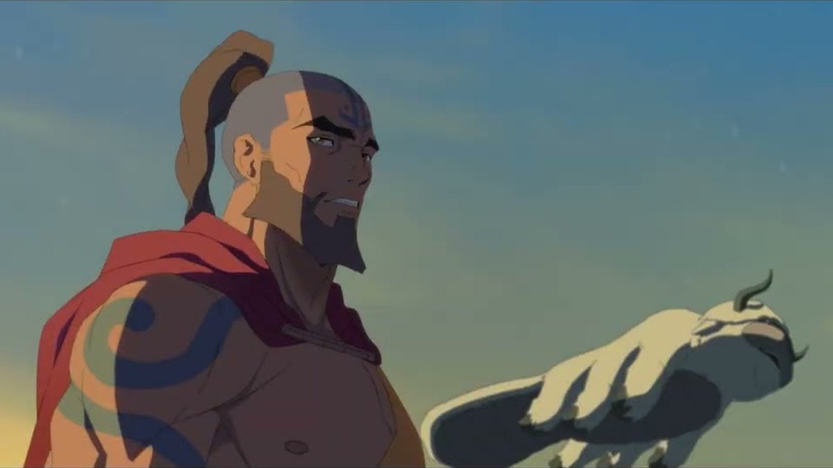 Adult Aang with Appa behind him in Avatar Aang: The Last Airbender