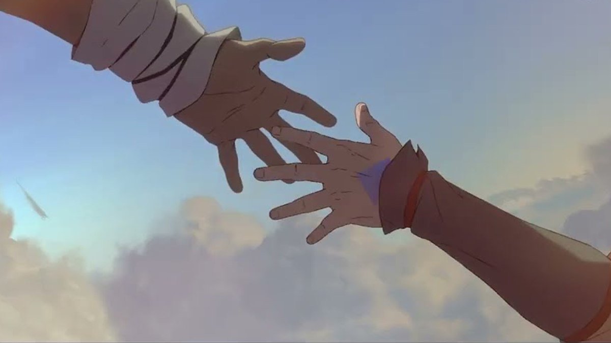Two hands reaching for each other against the clouds in Avatar Aang: The Last Airbender