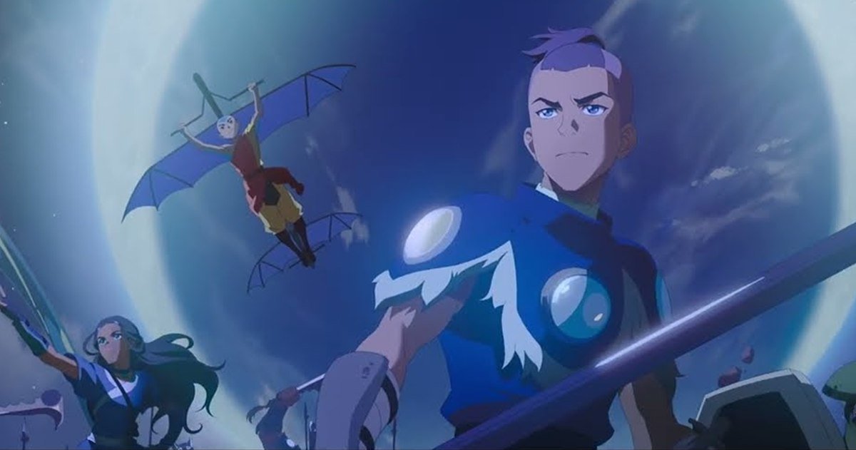 Adult Sokka with a sword and Katara waterbending in a battle scene from Avatar Aang: The Last Airbender