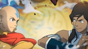 Avatar Legends: The Fighting Game key art with Aang and Korra surrounded by the launch roster