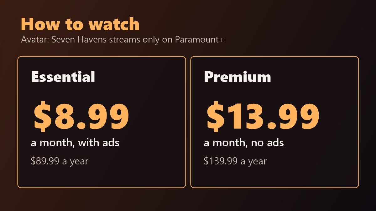Paramount+ plans for Avatar: Seven Havens: Essential 8.99 dollars a month, Premium 13.99 dollars a month