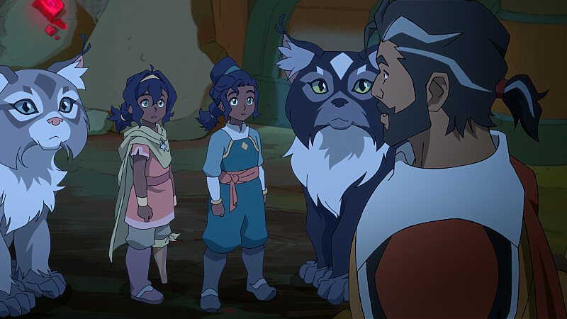Pavi and Nisha with two cat companions and an adult ally in Avatar: Seven Havens