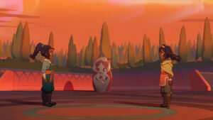 Pavi and Nisha face each other across an arena in Avatar: Seven Havens