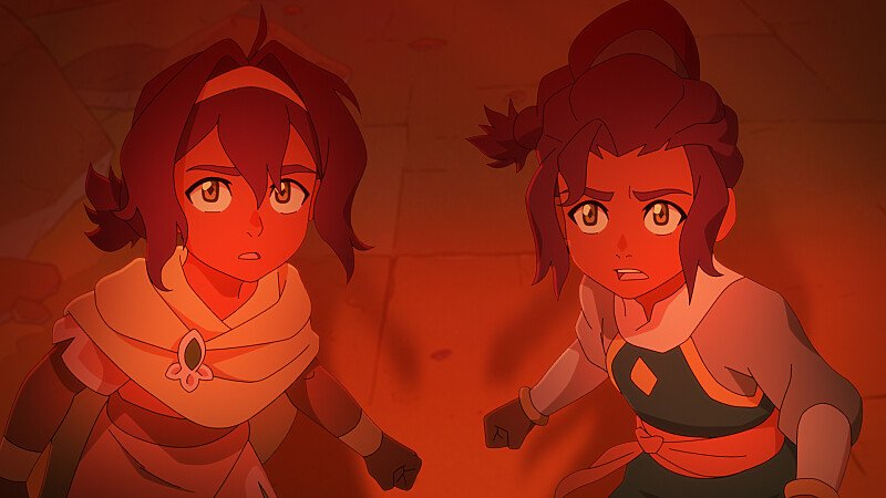 Pavi and Nisha lit by red spirit energy in Avatar: Seven Havens
