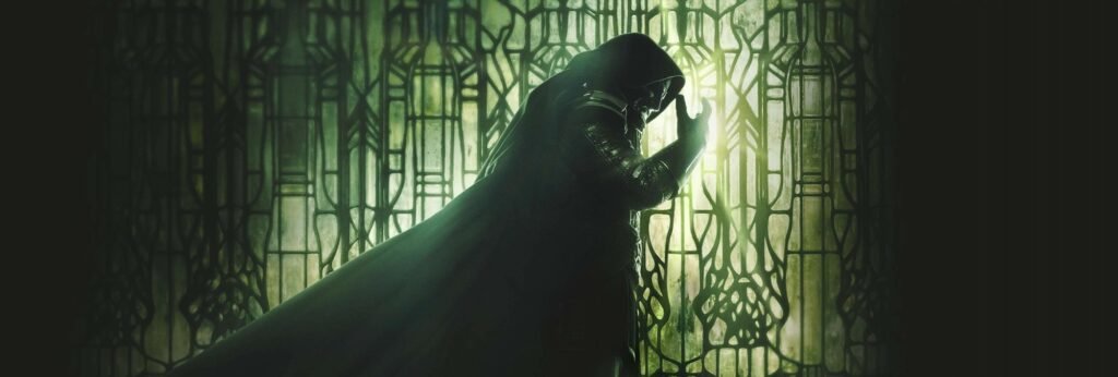 Doctor Doom in a green hooded cloak against a stained-glass window in Avengers: Doomsday key art