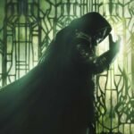 Doctor Doom in a green hooded cloak against a stained-glass window in Avengers: Doomsday key art