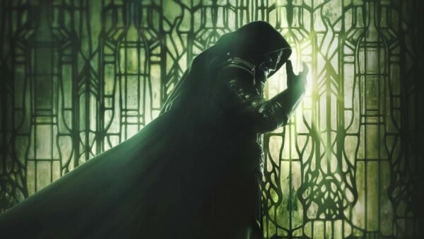Doctor Doom in a green hooded cloak against a stained-glass window in Avengers: Doomsday key art