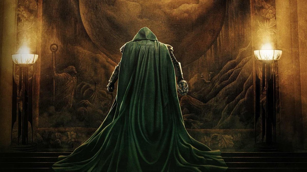 Doctor Doom seen from behind in a torch-lit throne room in Avengers: Doomsday art