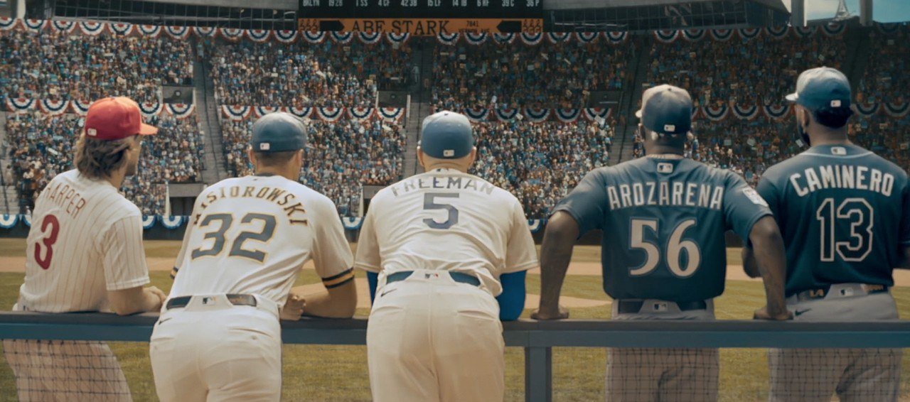 Bryce Harper, Jacob Misiorowski, Freddie Freeman, Randy Arozarena and Junior Caminero at the dugout rail at Ebbets Field in the Avengers: Doomsday World Series preview