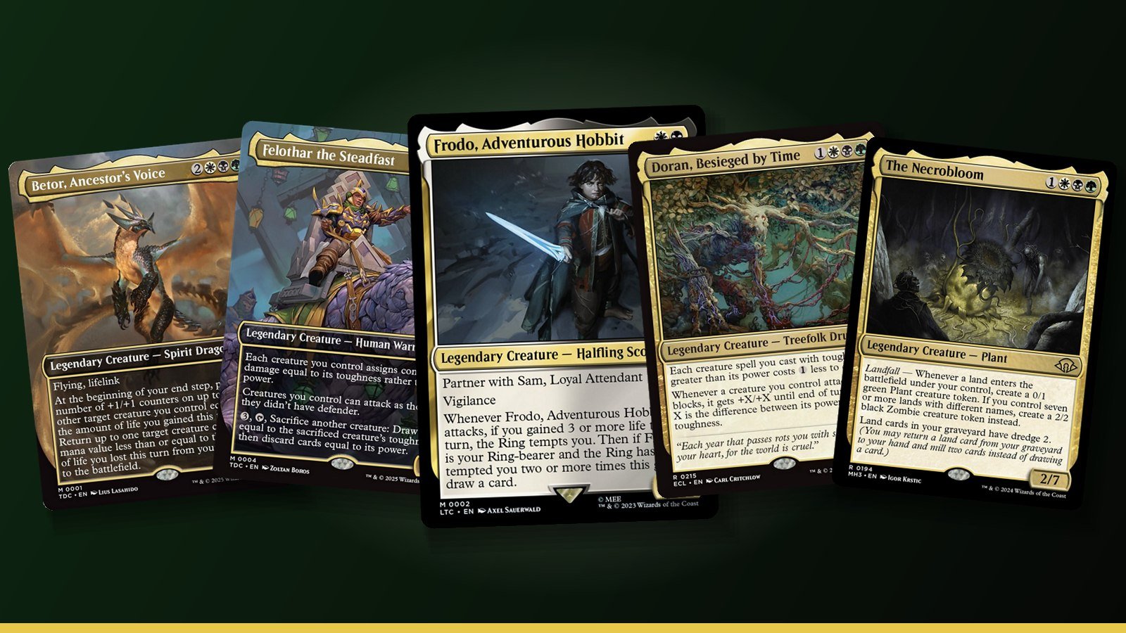 Frodo, Adventurous Hobbit, Betor, Ancestor's Voice, Felothar the Steadfast, Doran, Besieged by Time and The Necrobloom Magic cards