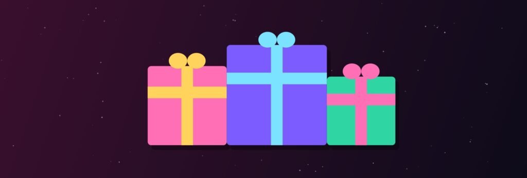 Best anime gifts 2026: three wrapped gift boxes in pink, purple and green