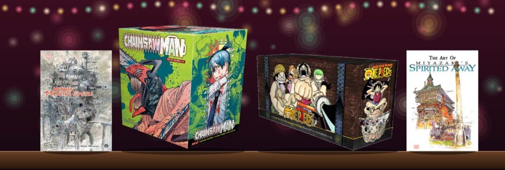 Anime gift picks on a holiday shelf: The Art of Howl's Moving Castle, Chainsaw Man box set, One Piece Box Set 1 and The Art of Spirited Away