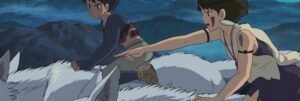 San and Ashitaka ride a wolf across the mountains in Princess Mononoke