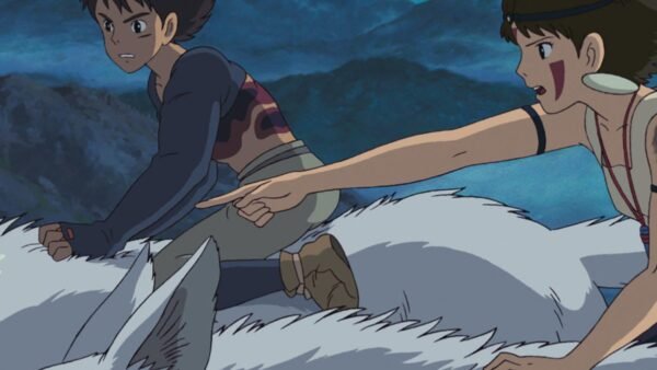 San and Ashitaka ride a wolf across the mountains in Princess Mononoke