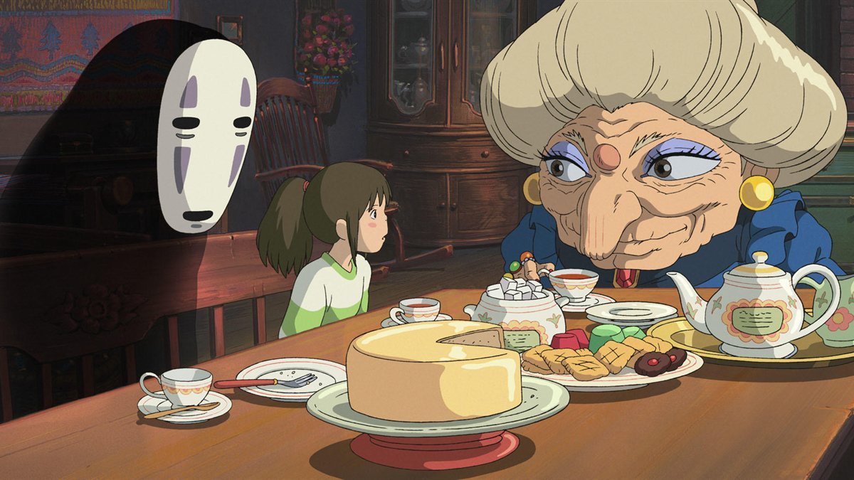 Chihiro and No-Face at tea with Zeniba in Spirited Away
