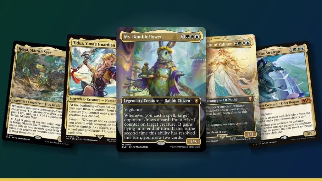 Ms. Bumbleflower, Tidus, Yuna's Guardian, Helga, Skittish Seer, Galadriel, Light of Valinor and Arcades, the Strategist Magic cards
