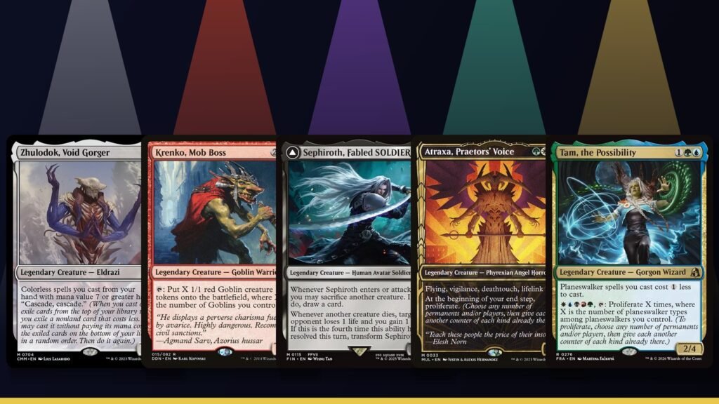 Zhulodok, Void Gorger, Krenko, Mob Boss, Sephiroth, Fabled SOLDIER, Atraxa, Praetors' Voice and Tam, the Possibility Magic cards