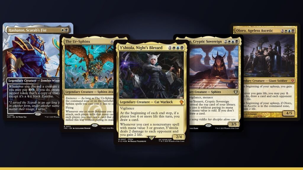 Y'shtola, Night's Blessed, The Ur-Sphinx, Hashaton, Scarab's Fist, Yennett, Cryptic Sovereign and Oloro, Ageless Ascetic Magic cards