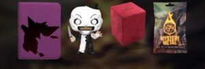 Gengar Pokémon binder, Art the Clown Funko Pop, Gamegenic deck box and Mystery Metal dice pack