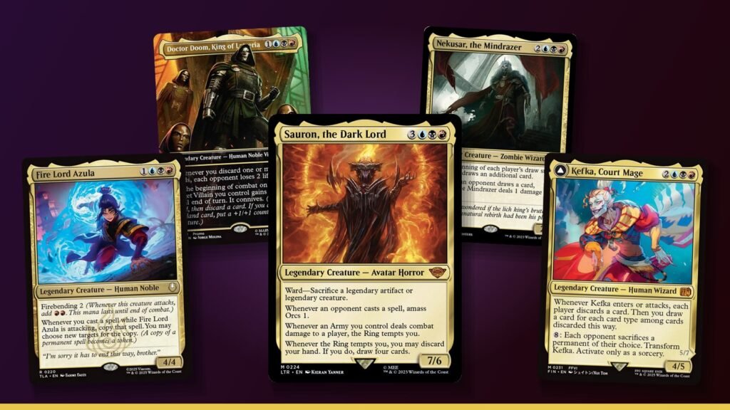 Sauron, the Dark Lord, Fire Lord Azula, Kefka, Court Mage, Doctor Doom, King of Latveria and Nekusar, the Mindrazer Magic cards