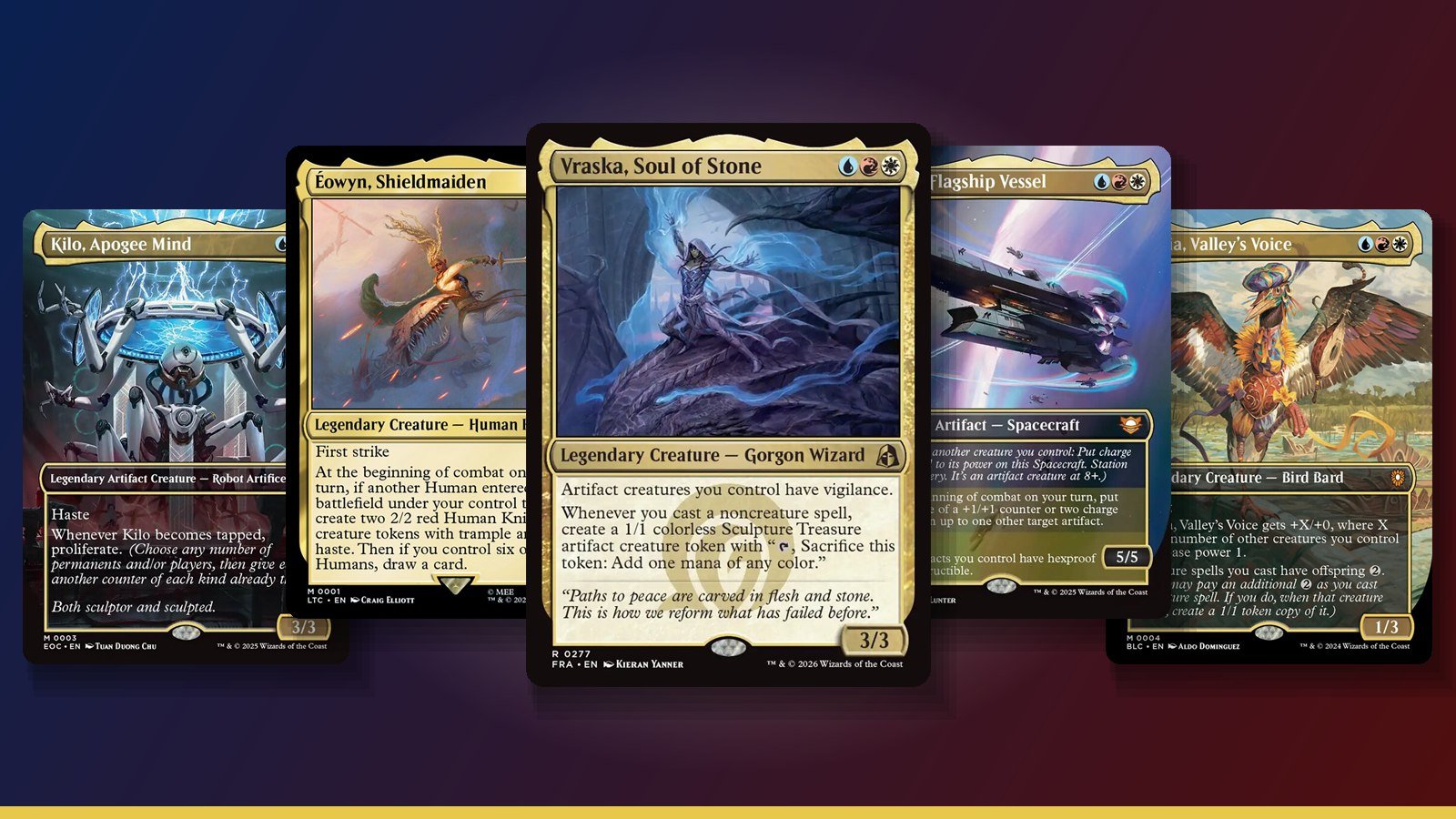 Vraska, Soul of Stone, Kilo, Apogee Mind, Éowyn, Shieldmaiden, Inspirit, Flagship Vessel and Zinnia, Valley's Voice Magic cards