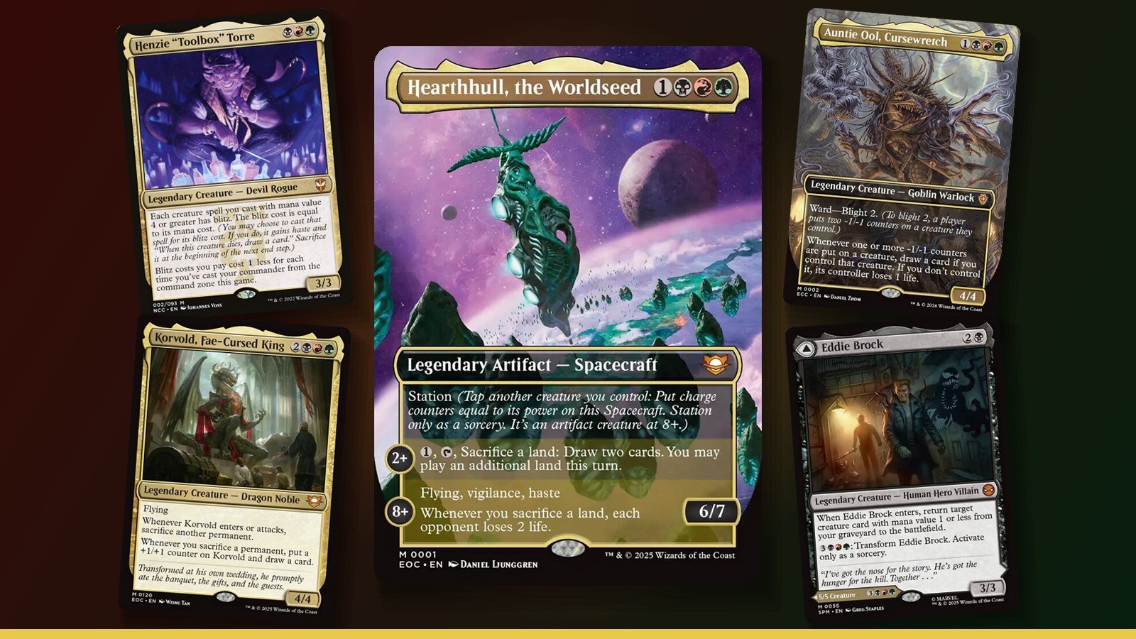 Hearthhull, the Worldseed, Henzie Toolbox Torre, Auntie Ool, Cursewretch, Korvold, Fae-Cursed King and Eddie Brock Magic cards