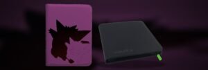 Ultra PRO Elite Series Gengar binder and a black Vault X 9-Pocket Zip binder