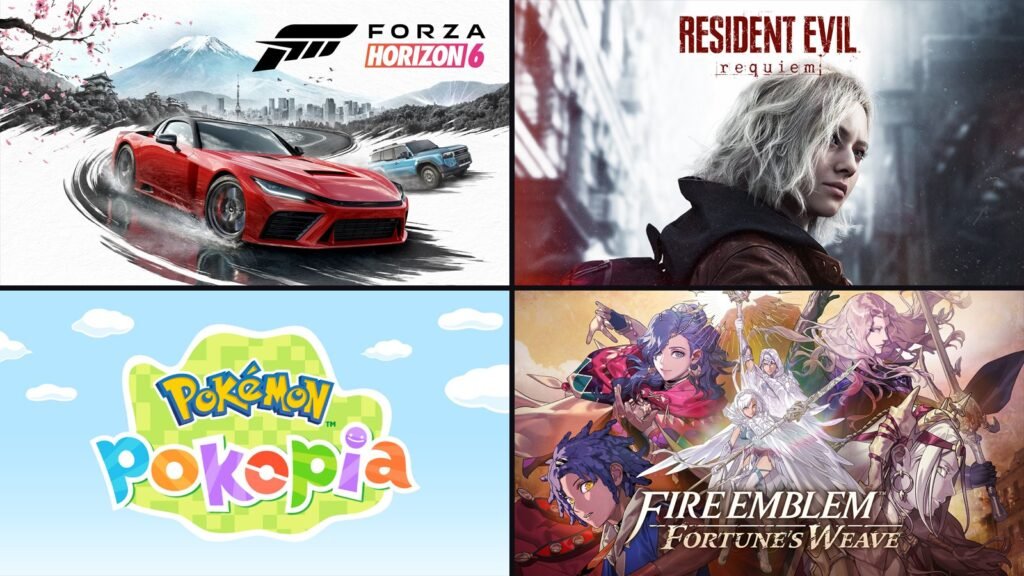 Official art from Forza Horizon 6, Resident Evil Requiem, Pokémon Pokopia and Fire Emblem: Fortune's Weave
