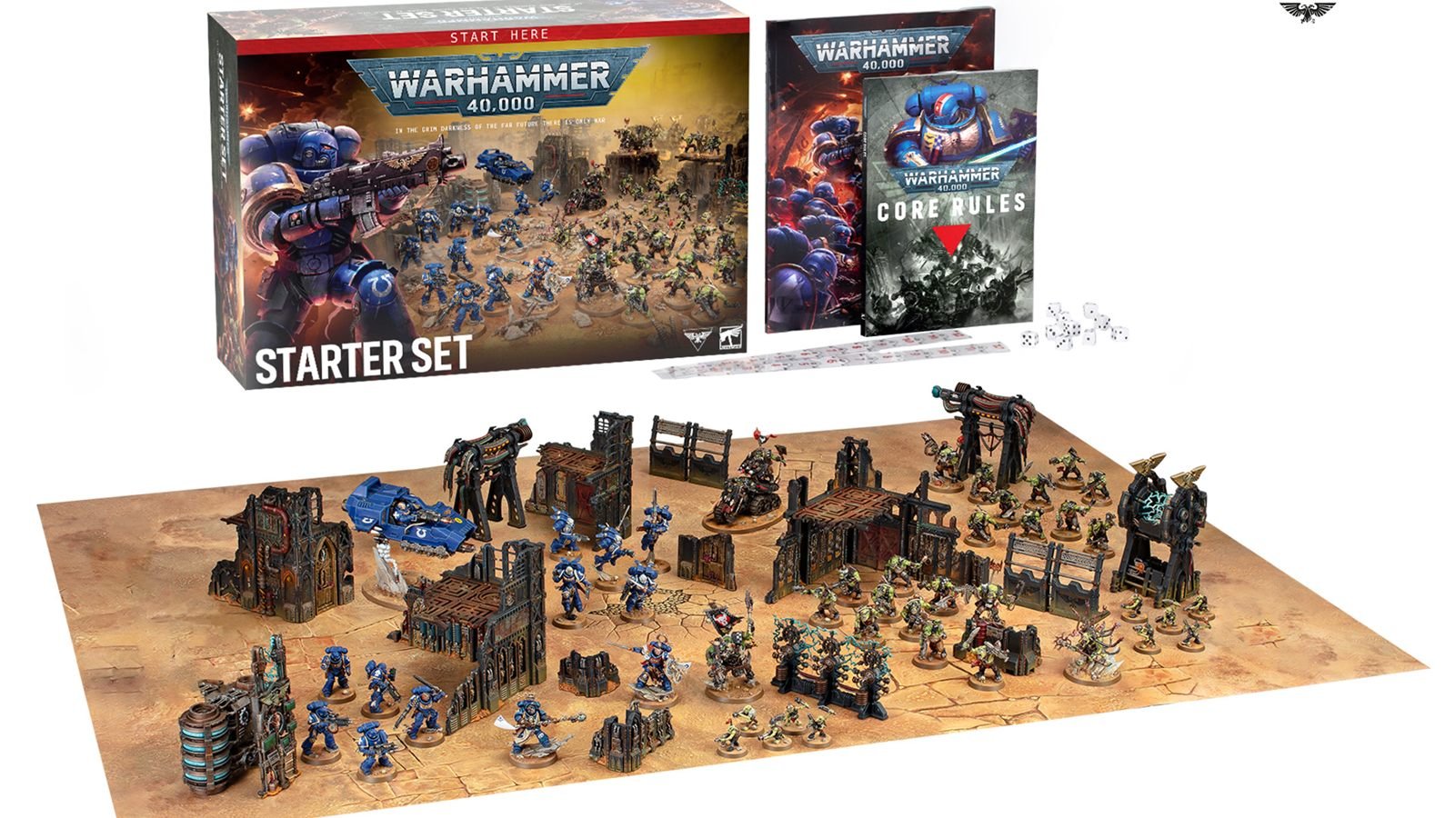 Warhammer 40,000 Starter Set 2026 with Space Marines and Orks Combat Patrols, terrain, game board and Core Rules