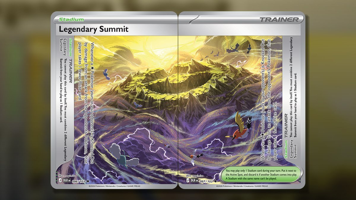 The two halves of the Legendary Summit Stadium card from Delta Reign joined into one mountain landscape