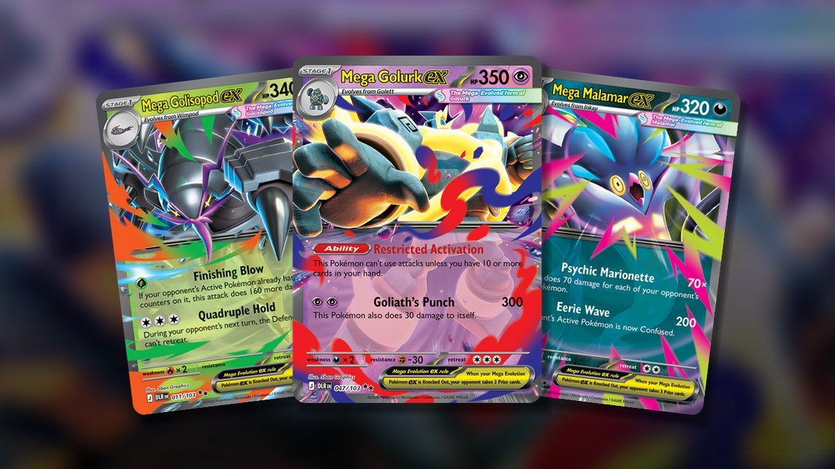 Mega Golisopod ex, Mega Golurk ex and Mega Malamar ex cards from Delta Reign