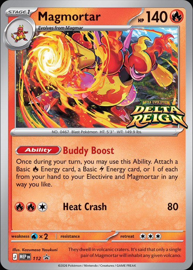 Magmortar MEP 112, one of the four Pokémon Delta Reign prerelease promo cards, with the Delta Reign logo stamp