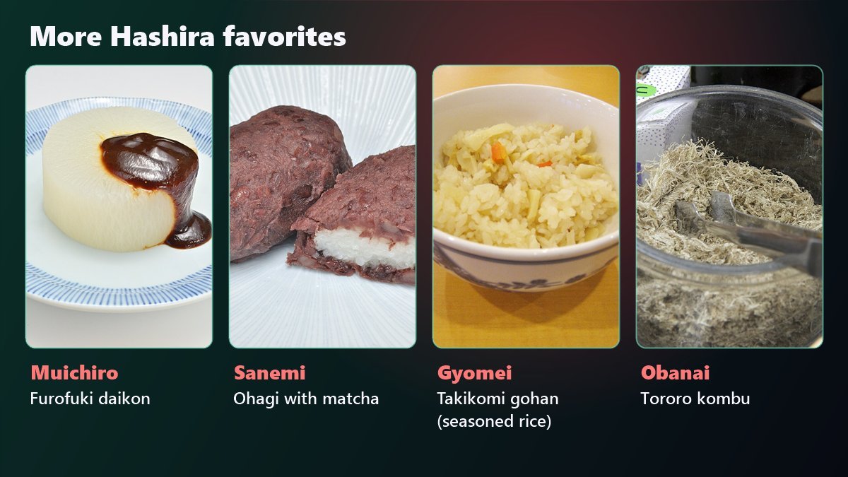 Demon Slayer Hashira favorite foods: furofuki daikon, ohagi, takikomi gohan and tororo kombu