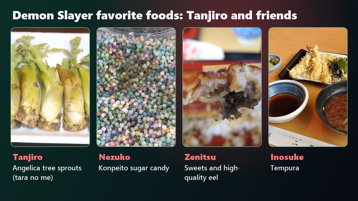 Demon Slayer favorite foods: angelica tree sprouts for Tanjiro, konpeito for Nezuko, eel for Zenitsu and tempura for Inosuke