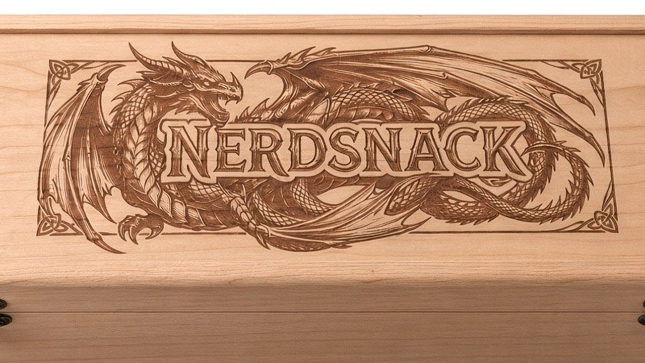 Close-up of the laser-engraved dragon wrapped around the NerdSnack name, framed with Celtic knots, on a Designcraft card box lid