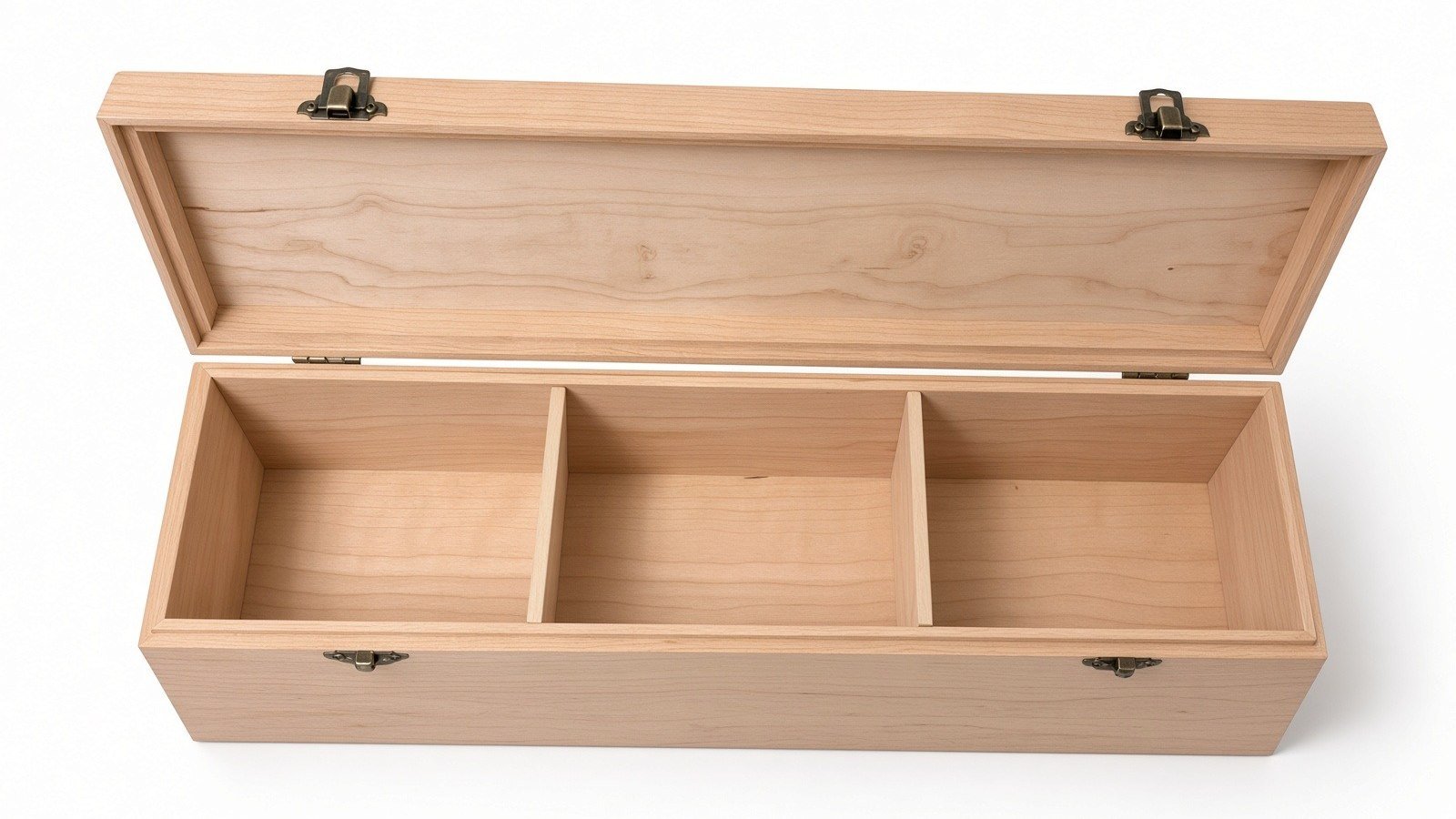The Designcraft 1-row card box open, showing one long compartment split into three sections by two adjustable wooden dividers