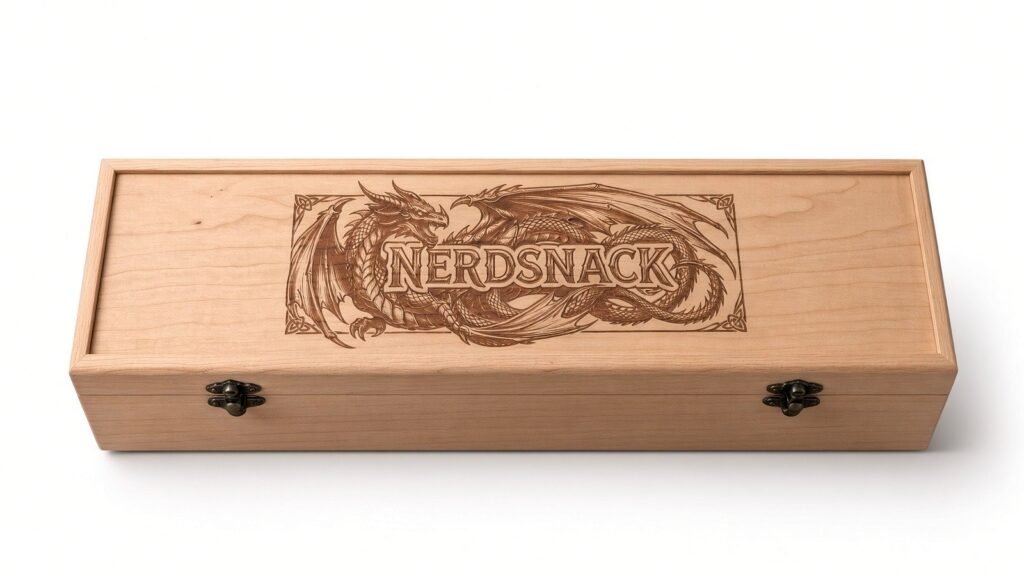 The Designcraft Studio 1-row wooden card box in cherry, with a custom dragon and NerdSnack engraving on the lid and two antique brass latches