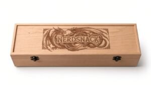 The Designcraft Studio 1-row wooden card box in cherry, with a custom dragon and NerdSnack engraving on the lid and two antique brass latches