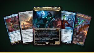Doctor Doom, King of Latveria with Norman Osborn, Monument to Endurance, Leader, Super-Genius and Green Goblin, Nemesis Magic cards