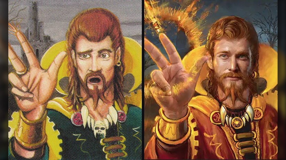Mark Poole's 1993 Counterspell art next to his 2026 Pyroblast art from Secret Lair Duality Distorted