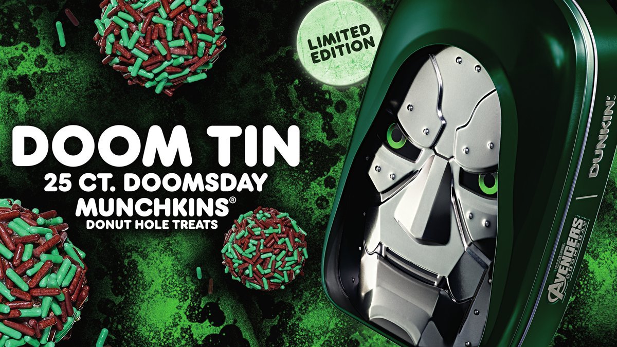 Dunkin' Doctor Doom 25-count Munchkins tin shaped like Doom's mask