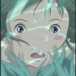 Totoro flying with Satsuki and Mei, Chihiro underwater in Spirited Away, and San with the wolf god Moro in Princess Mononoke